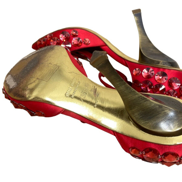 Miu Miu Prada Heels D'Orsay T Strap Jeweled Stiletto Peep Toe Silk Red 36.5 6.5 - Picture 10 of 11